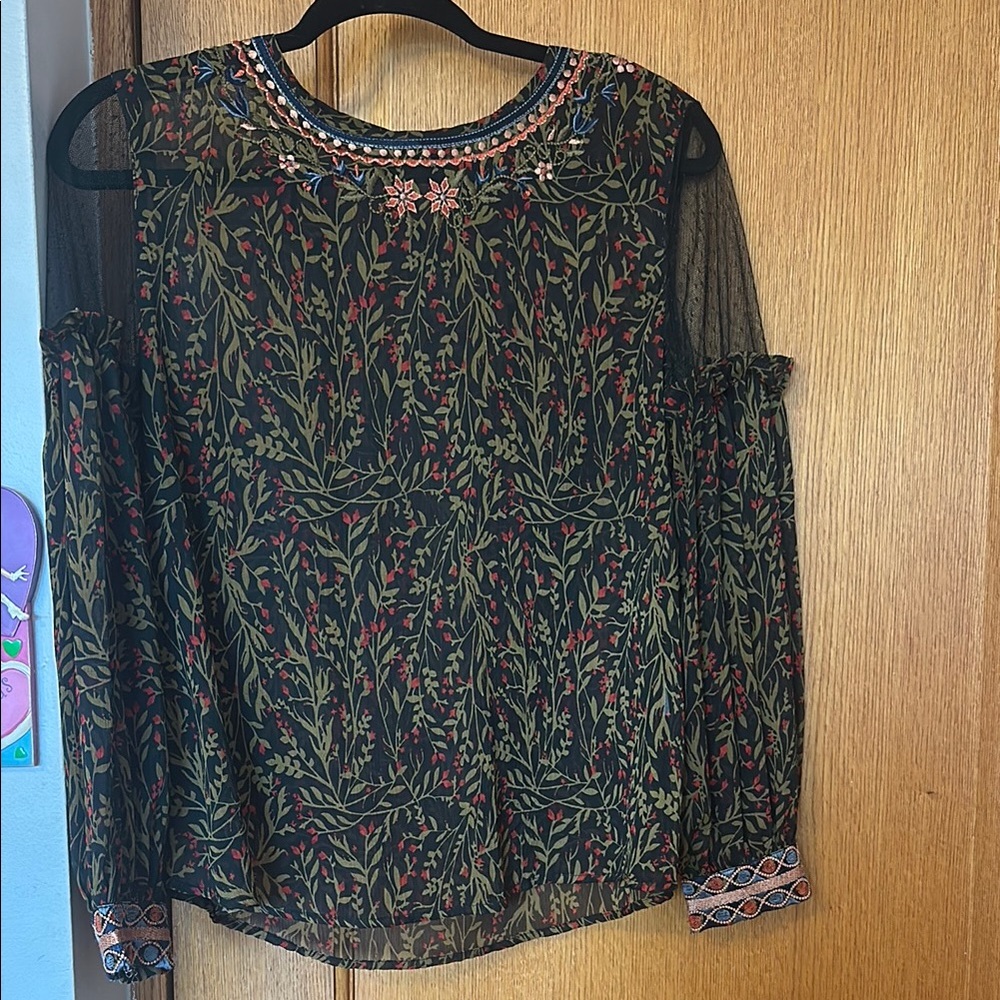 Floral Embroidered Sheer Black Top
